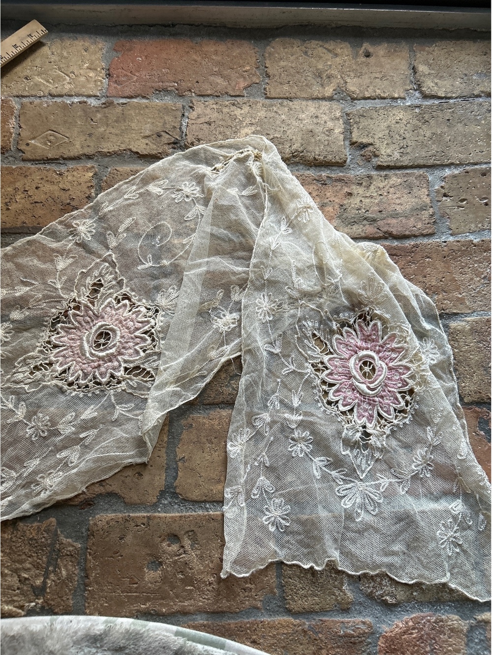 Vintage Embroidered Lace Scarf or runner with Floral Motif